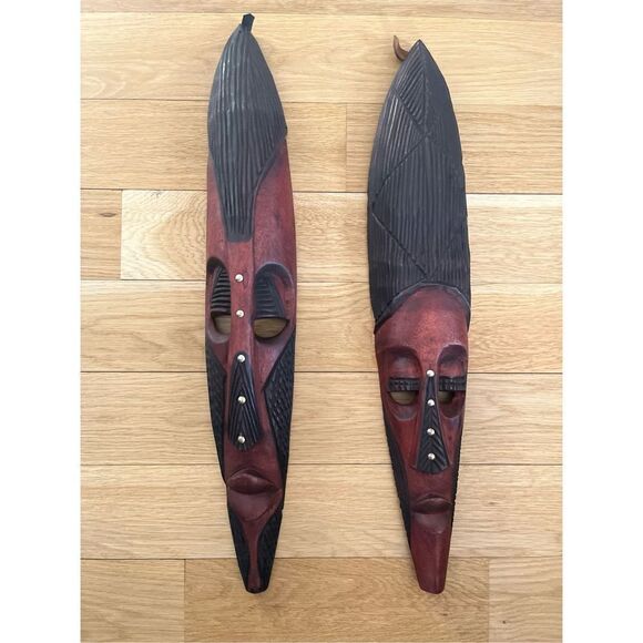Kenyan African Face Masks with Grommets His and Hers Brown/Black Wood Carved Han - Picture 3 of 7